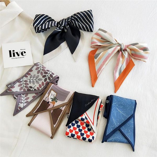 

scarves fashion print silk scarf hair tie band diy for bag handle ribbon double-side dual-use women neckerchief neck, Blue;gray