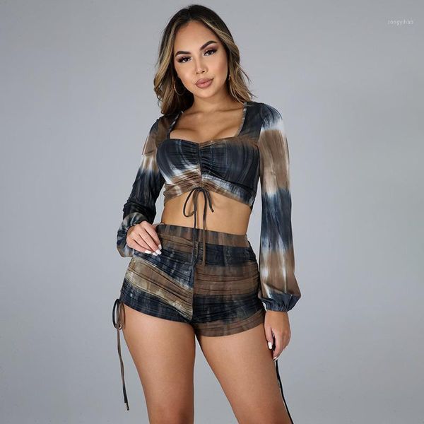 

summer fashion style tie-dye long-sleeved high-waist shorts women suit women's tracksuits, Gray