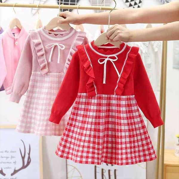 

girls knitted wool girl dress long sleeve patchwork baby ruffle bow plaid vestidos de fiesta, Red;yellow