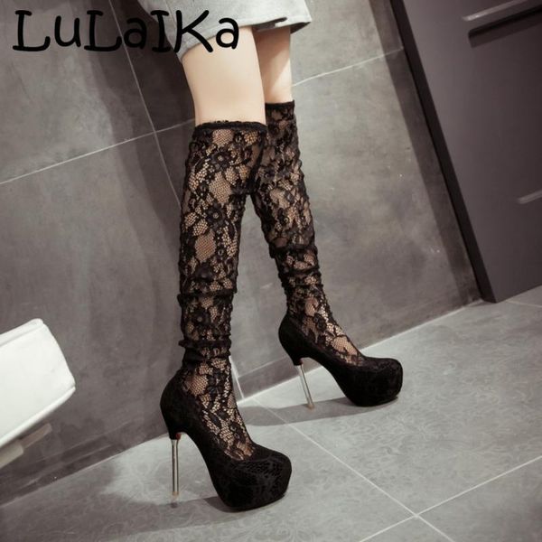 

boots runway 2021 autumn winter fashion lace mesh hollow over the knee super high heel nightclub lady thigh, Black