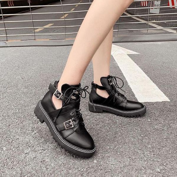 

boots motorcycle women's leather ankle 2021 gothic autumn buckle boot low heel short cowboy shoes ymb265, Black