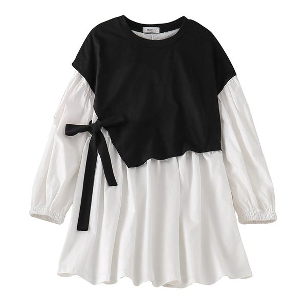 

2021korobov 2021 new vintage fake 2 pieces women dress korean sweet lacing bow elegant dresses preppy style patchwork vestidos, Black;gray