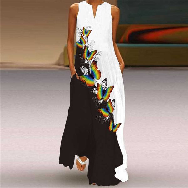 Damen Casual Print Kleid Boho Ärmellos V-Ausschnitt Vintage Lose Plus Size Streetwear Beach Party Elegante Frauen Lange Kleider 210608