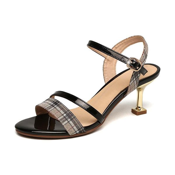 

summer leather high heel stiletto sandals 2021 female sense wild word buckle open toe shoes, Black
