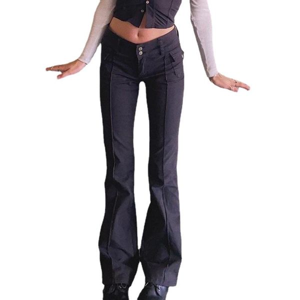 

women's pants & capris 2021 street girl retro style low waist side pocket flared trousers female slim show tall and thin hip lift long, Black;white