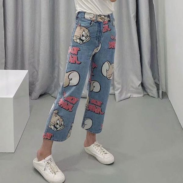 

jeans 2021 korean fashion for cartoons printed female casual zipper long pants with belt, Blue
