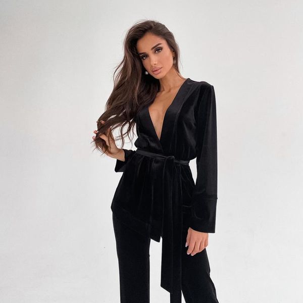 

women's sleepwear hiloc solid color knitting robe pajama set woman 2 pieces autumn trouser suits velour nightgown lace up bathrobes set, Black;red