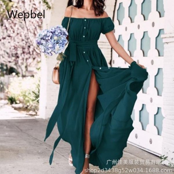 

party dresses wepbel slim-fit dress women off-neck cold-shoulder sleeveless short sleeve solid color high waist split big swing, White;black