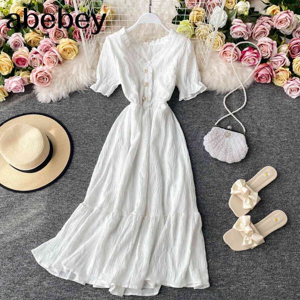 

women white dress summer elegant v-neck single-breasted short flare sleeve vintage dresses female korean chic robe mujer 210512, Black;gray