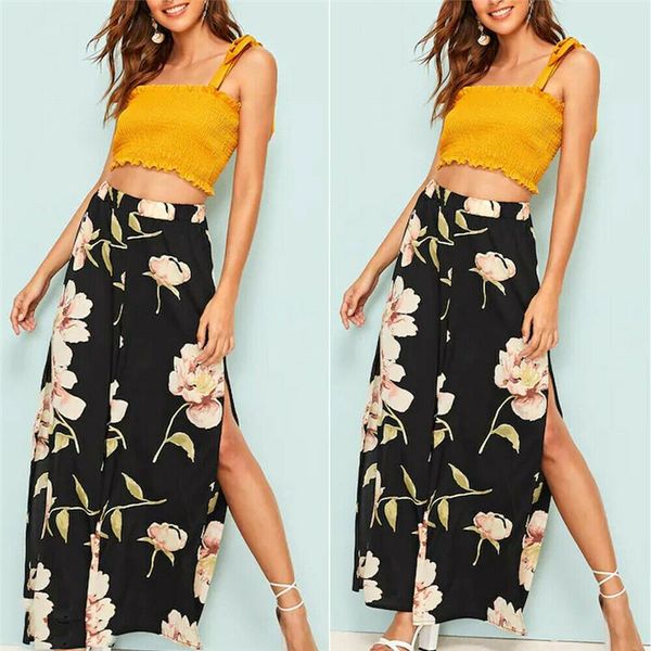 

women's pants & capris 2021 boho women summer floral printed wide leg bohemian high split elastic waist loose fashion trouser, Black;white