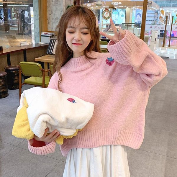 

women's sweaters sweet cute strawberry embroidery kawaii sweater fashion o neck loose woman autumn winter warm knitted pullover, White;black