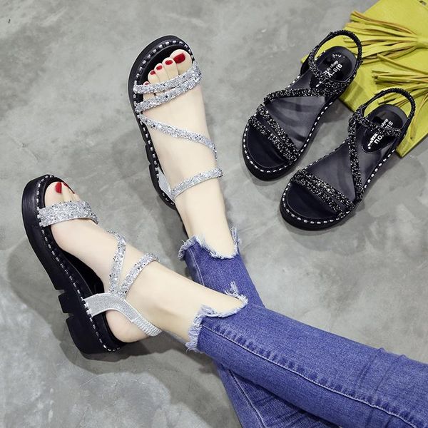 

sandals shoes woman women's summer 2021 korean version of the sponge cake thick-soled rhinestones wild word buckle slope heel, Black