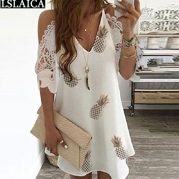 Mini abito donna estate stampa ananas con spalle scoperte in pizzo scollo a V casual vestito bianco club party elegante vestido sexy 210520