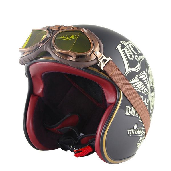 Motorradhelme Helm mit Brille Retro Open Face Leder Roller 3/4 Rumpf Wasp Vintage252L