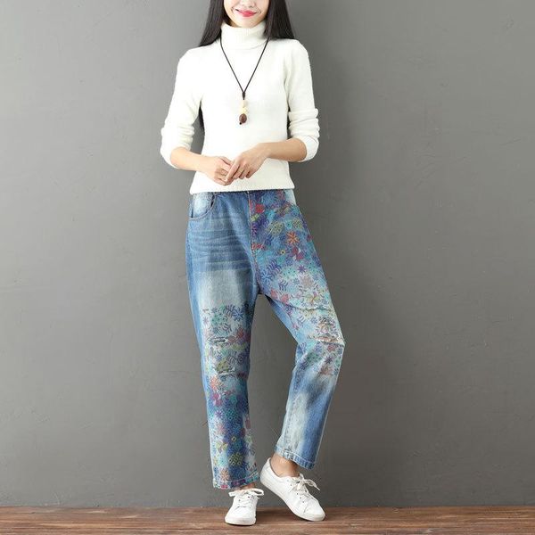 

women's jeans plus size trend printing casual straight-leg distressed white pants ripped for women, Blue