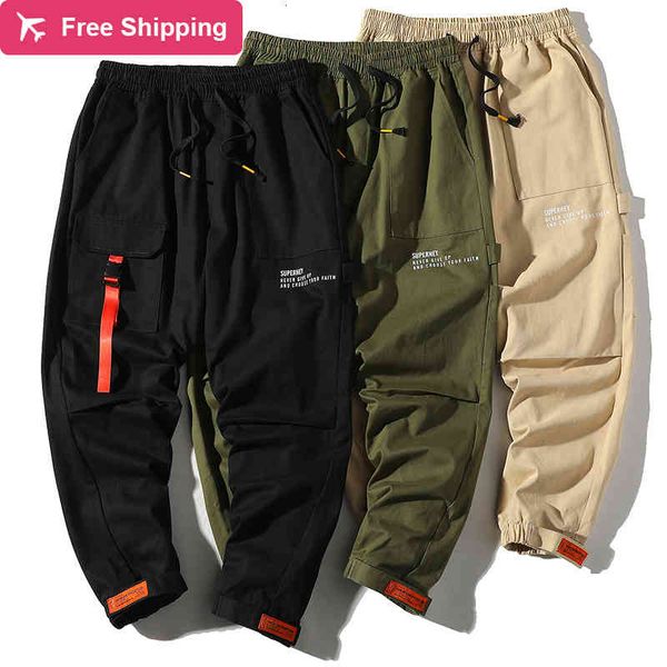 

big pockets load joggers men's hip fashion harajuku streetwear sweatpants manly cotton pants, Black