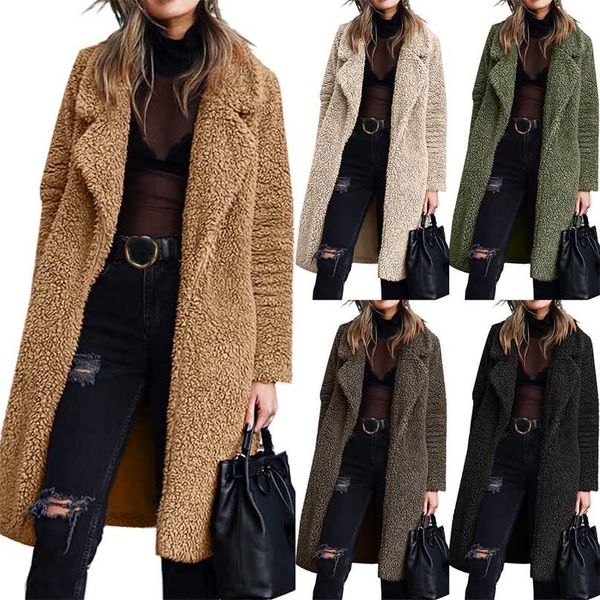 

women fur coat autumn and winter cardigan long-sleeved lapel double-faced fleece casual solid color faux 211220, Black