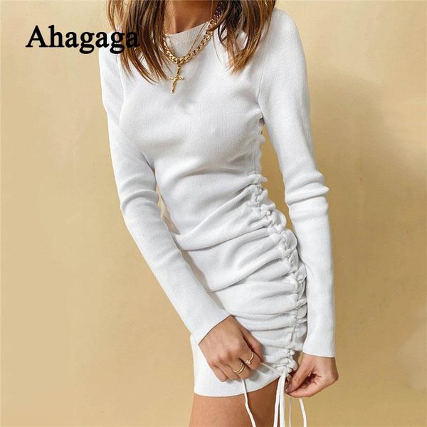 

ahagaga mini dress women fashion long sleeve o-neck skinny bandage drawstring streetwear casual regular female robe dresses, Black;gray