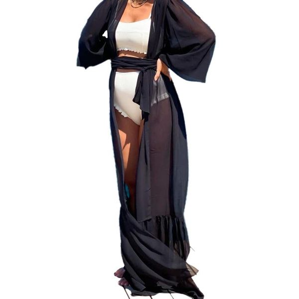 

women's swimwear 2021 summer female beach dress solid color long sleeve one-piece bikini covers with waist belt for women, black, s//l, White;black