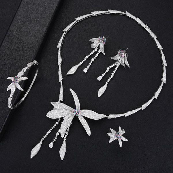 

earrings & necklace larrauri charm statement daffodil blooming flowers jewelry sets luxury cubic zirconia bangle ring, Silver