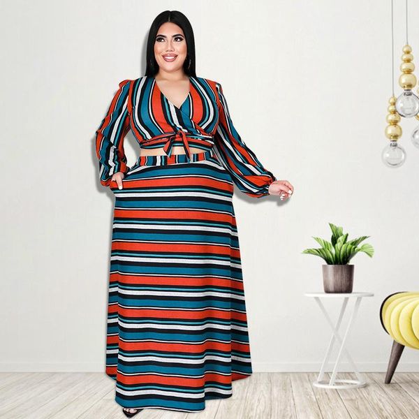 

plus size tracksuits xl-5xl fashion 2021 women clothing two piece set casual stripe long sleeve & skirt suits 2 outfit wholesale