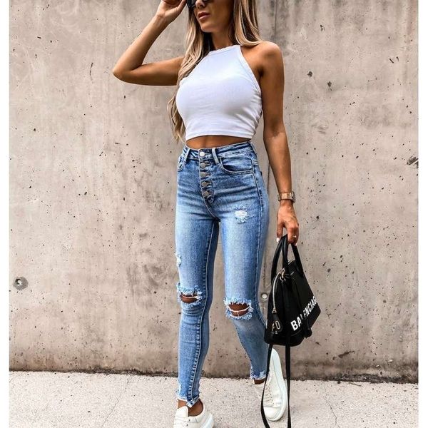 

jeans women's elastic high waist multi button hole washed tight women vpgc, Blue
