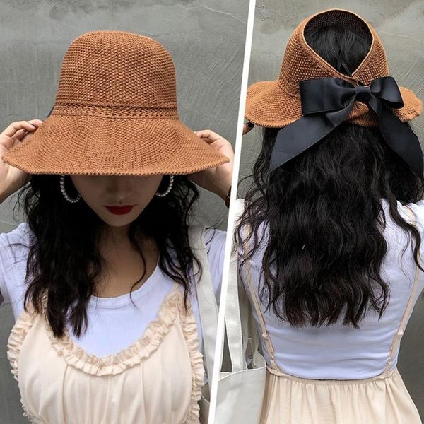 

fashion bow sun cap simplicity women foldable wide big brim outdoor summer beach straw hat visor knitted hats, Black;white