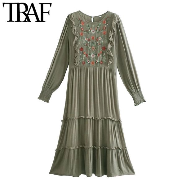 

traf women chic fashion floral embroidery ruffled midi dress vintage long sleeve back zipper female dresses mujer 210415, Black;gray