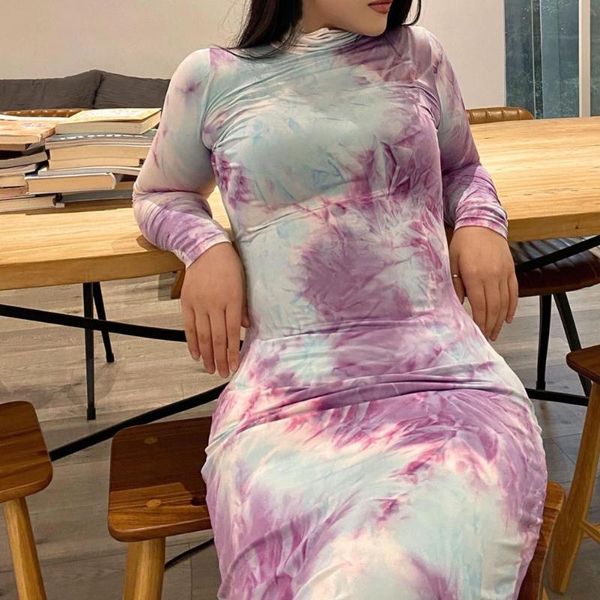 

casual dresses autumn women bodycon dress tie dye print skinny stretchy long sleeve turtleneck slim ankle length robe femme vestidos 2021, Black;gray