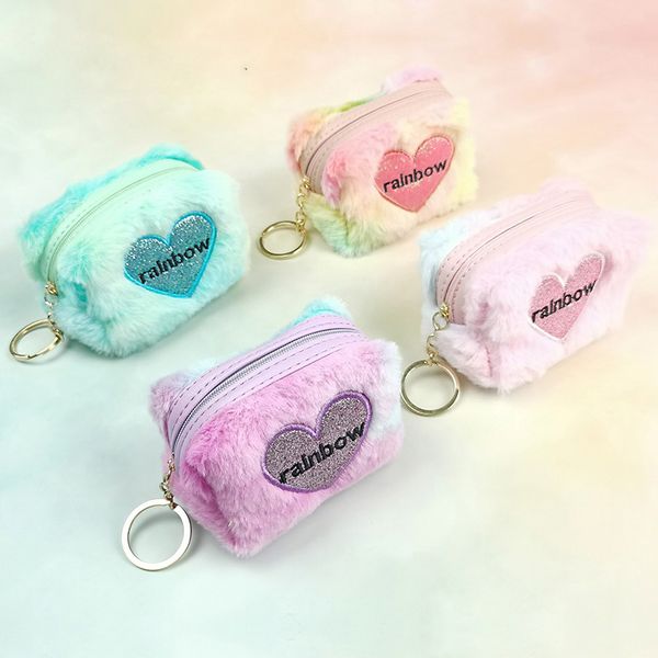

dhl100pcs coin purses women plush rainbow embroidery half square small wallets mix color, Red;black
