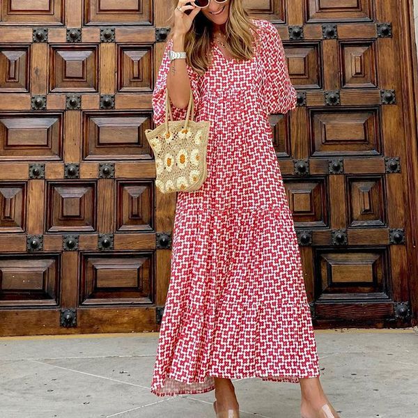 

party dresses fashion casual half sleeve loose women elegant printed vintage long dress ladies autumn v neck drawstring, White;black