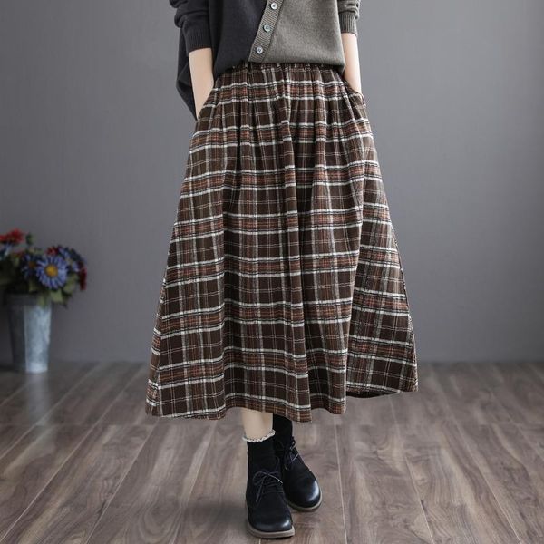 

spring women cotton linen literary plaid skirt elastic waist loose a-line skirts, Black