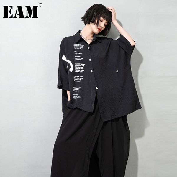 

[eam] women black printed big size blouse lapel three-quarter sleeve loose fit shirt fashion spring summer 1dd7744 210512, White