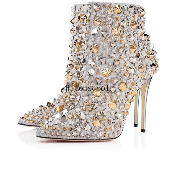 

boots women ankle pointed toe high heels shoes woman luxury fashion rivets wedding winter autumn spikes stiletto wtr2, Black