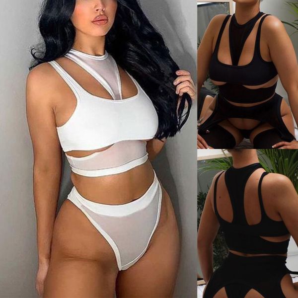 

women's tanks & camis crop tank trendy sleeveless cross cutout style solid color camisole fake two-piece vest, White