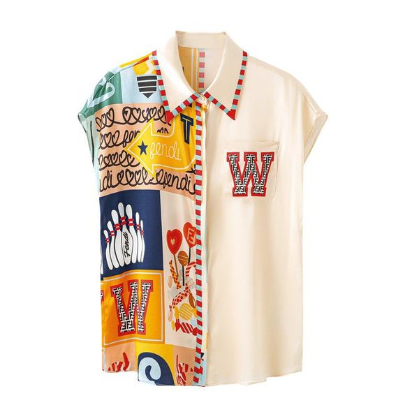 

women's blouses & shirts limiguyue summer contrast color letter print women satin blouse shirt elegant short sleeve turn down collar k, White