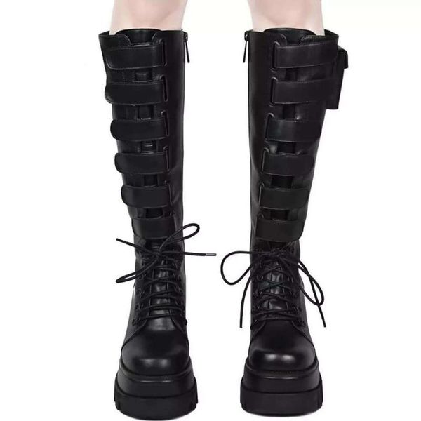 

boots winter women black cool fashion motorcycle platform botas pu leather lace up punk shoes
