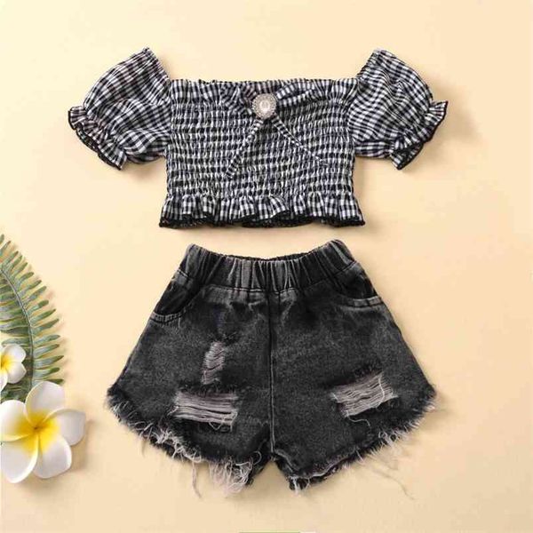 

summer girl clothes clothing for s plaid short 2pcs kids s children 210528, White