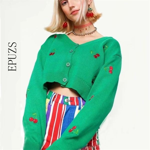 

vintage cherry embroidery cardigans sweater women korean women knitted coat 210521, White;black