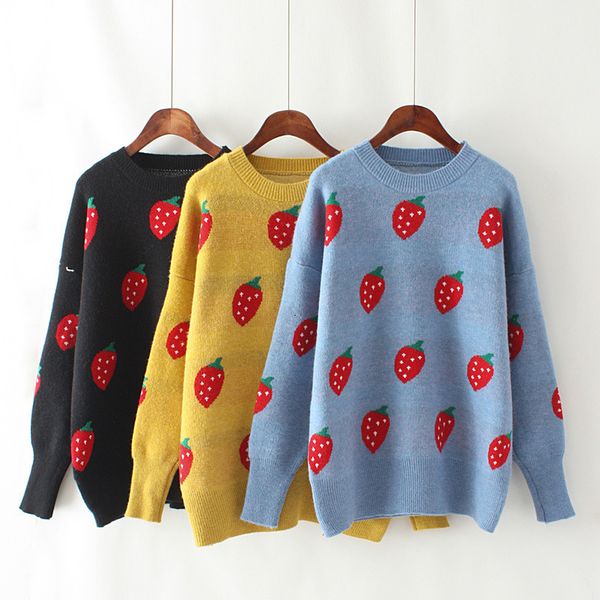 

women's sweaters oversized pullovers o-neck floral printed pull jumpers long sleeve street strawberry knit 5st3, White;black
