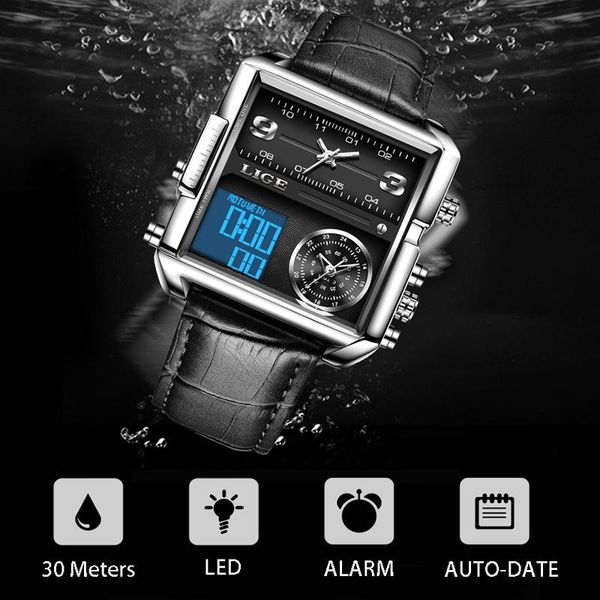 

wristwatches 2021 fashion waterproof men's watch leather square large dial quartz digital chronograph relogio masculino, Slivery;brown