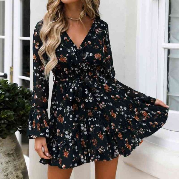 

casual dresses flare long sleeve women dress spring v neck a-line cascading ruffle floral print party female vestidos s039, Black;gray