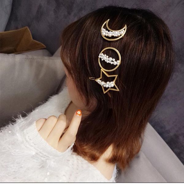 

hair clips & barrettes korean metal moon star hairpin with pearls wedding clip for women girls styling headdress jewelry, Golden;silver