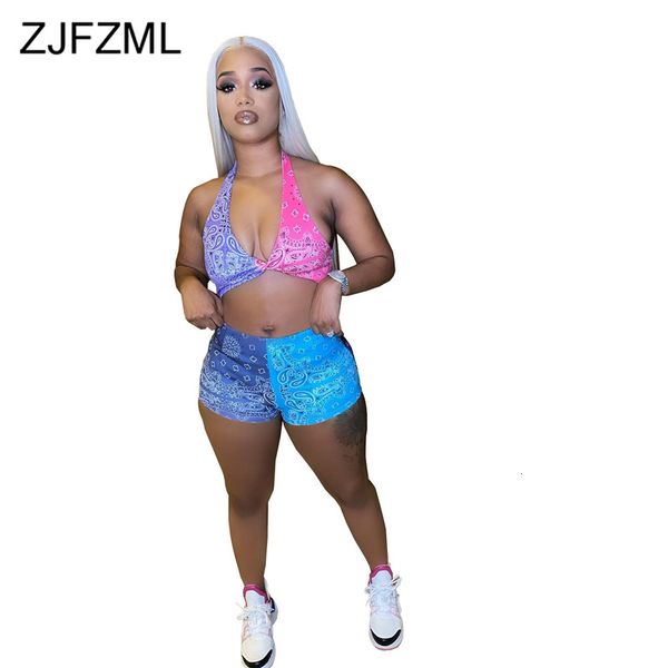 

bandana paisley color block print bodycon double outfits women holder neck backless and skinny shorts summer beach sets, White