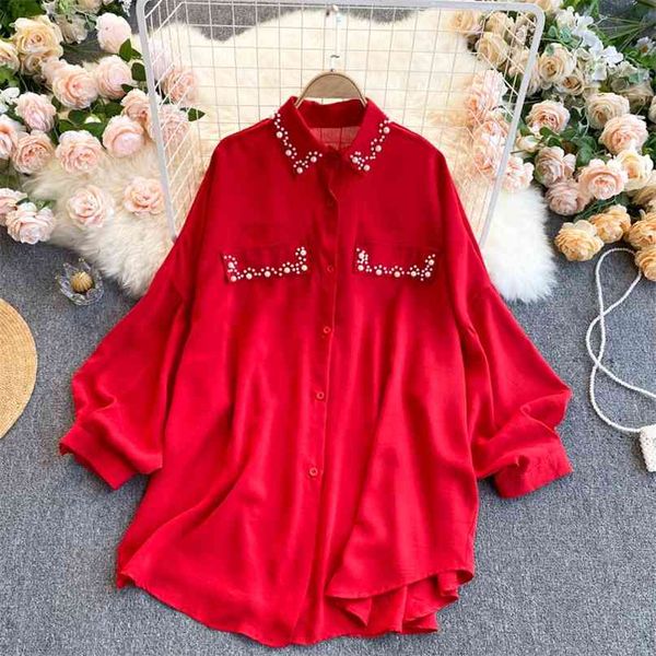 

spring and summer fashion chiffon shirt women's lapel long sleeve loose thin bead solid color casual blouse r541 210527, White