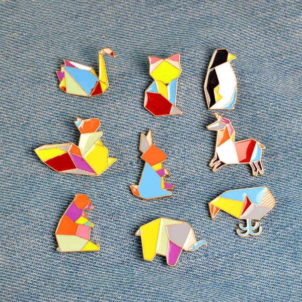 Origami Tavşan Fil Ayı Tilki Sincap Kuğu Broş Düğme Pins Denim Jeans Emaye Pin Rozeti Karikatür Takı Hediye