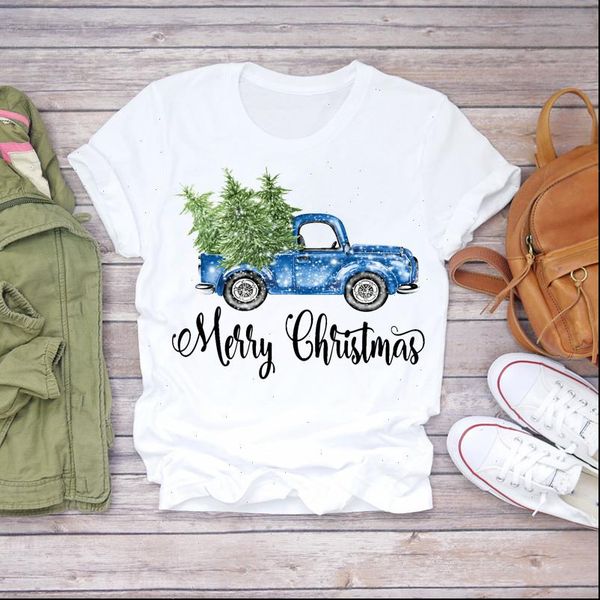 

printing cartoon truck snow tree women t shirts winter kawaii christmas print graphic female tee, White