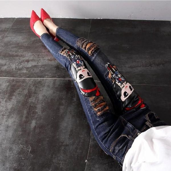 

fashion women's spring and autumn denim trousers tight cowboy long pants students cartoon holes skinny jeans pencil, Blue