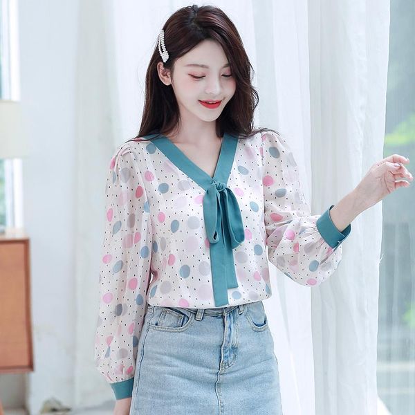 

women's blouses & shirts super fairy and sweet floral chiffon blouse long-sleeved autumn clothes age-reduction bow western-style small, White
