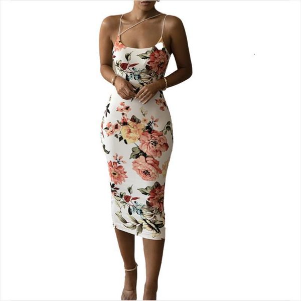 

summer floral print mid length womens dress fashionable sleeveless backless low cut tight, Black;gray